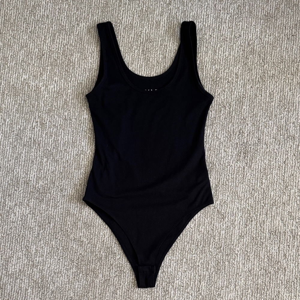 BYLT Basics Black Bodysuit Sleeveless Scoop Neck Thick Stretch Button Cheeky